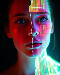 A captivating digital art piece showcasing a human face transformed into a vibrant, glowing data stream.  The image is split 