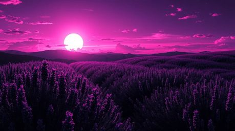 A mesmerizing illustration depicting intense jet black and white contrasts showcasing lavender fields glowing under a dreamy 