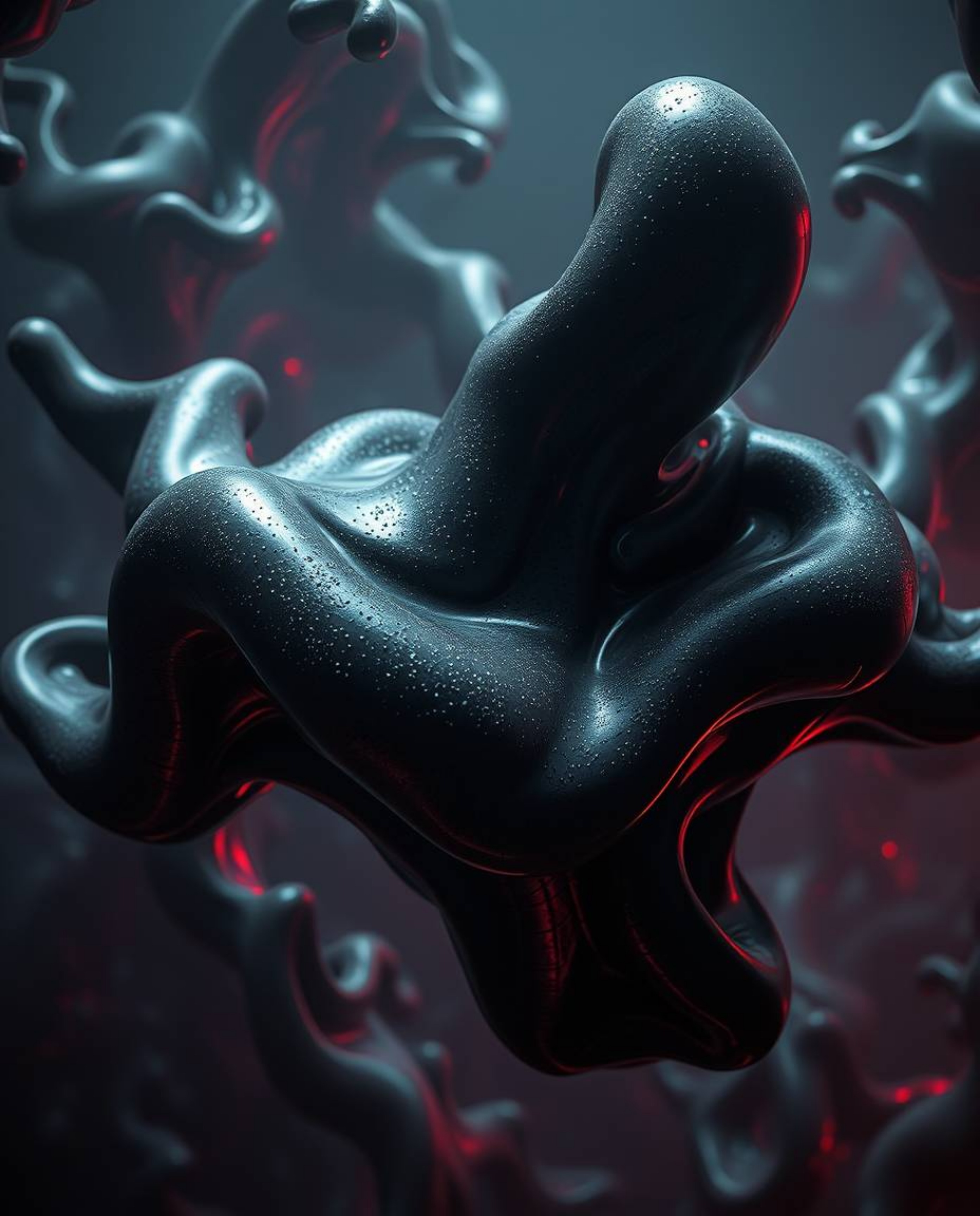 Explore an eerie and unsettling atmosphere with smooth, 3D fluid shapes rendered in metallic textures. These forms float weig