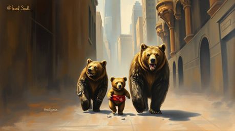 A classic oil painting depicting a bear family's whimsical journey through a city landscape. The artwork features rich textur