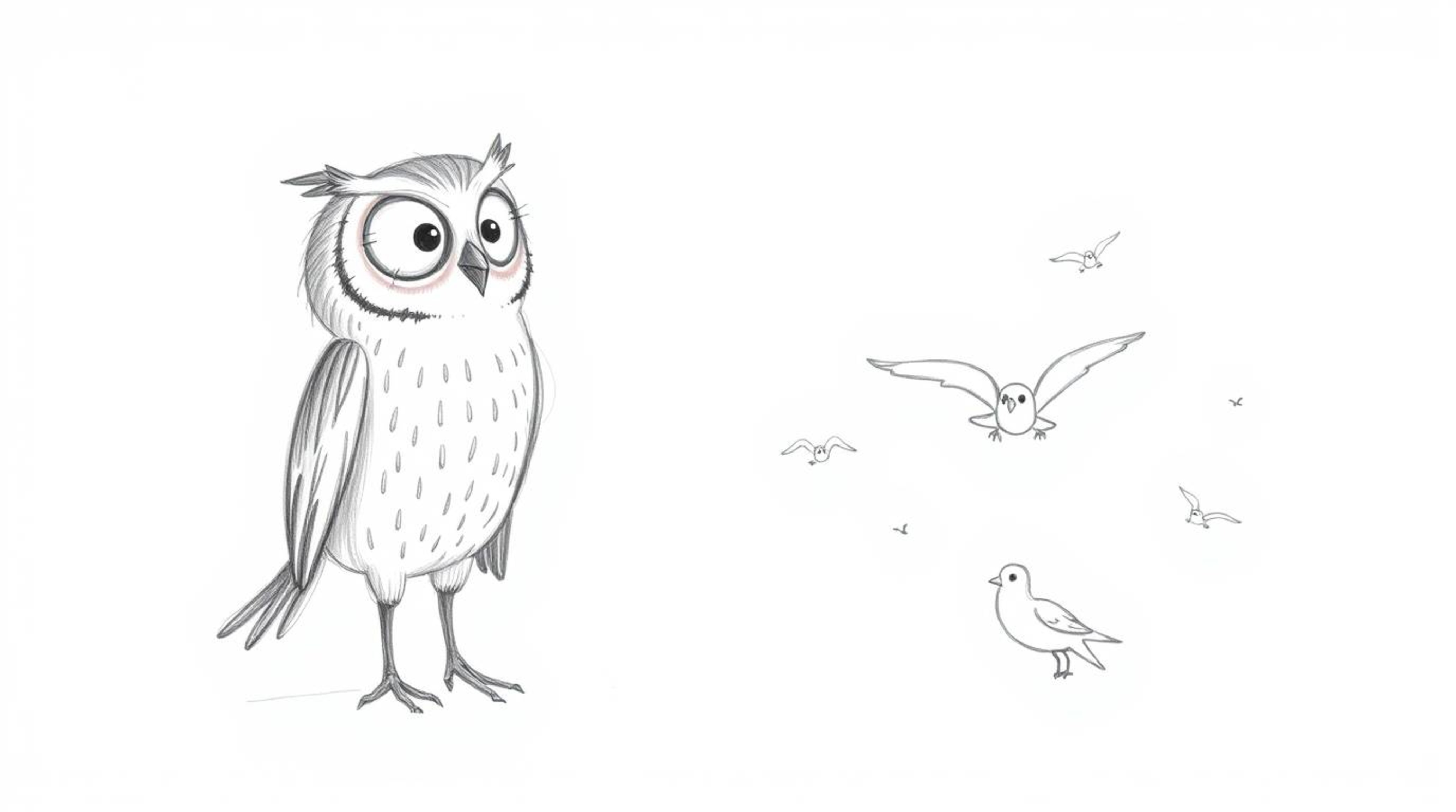 A hand-drawn sketch, inspired by Pixar, presents a blind owl with soft, textured pencil strokes on a clean white backdrop. Th