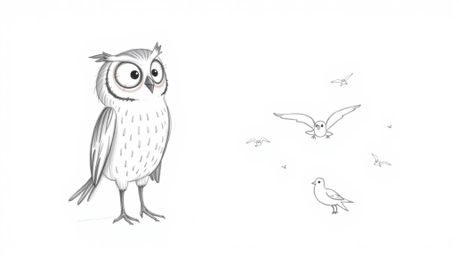 A hand-drawn sketch, inspired by Pixar, presents a blind owl with soft, textured pencil strokes on a clean white backdrop. Th