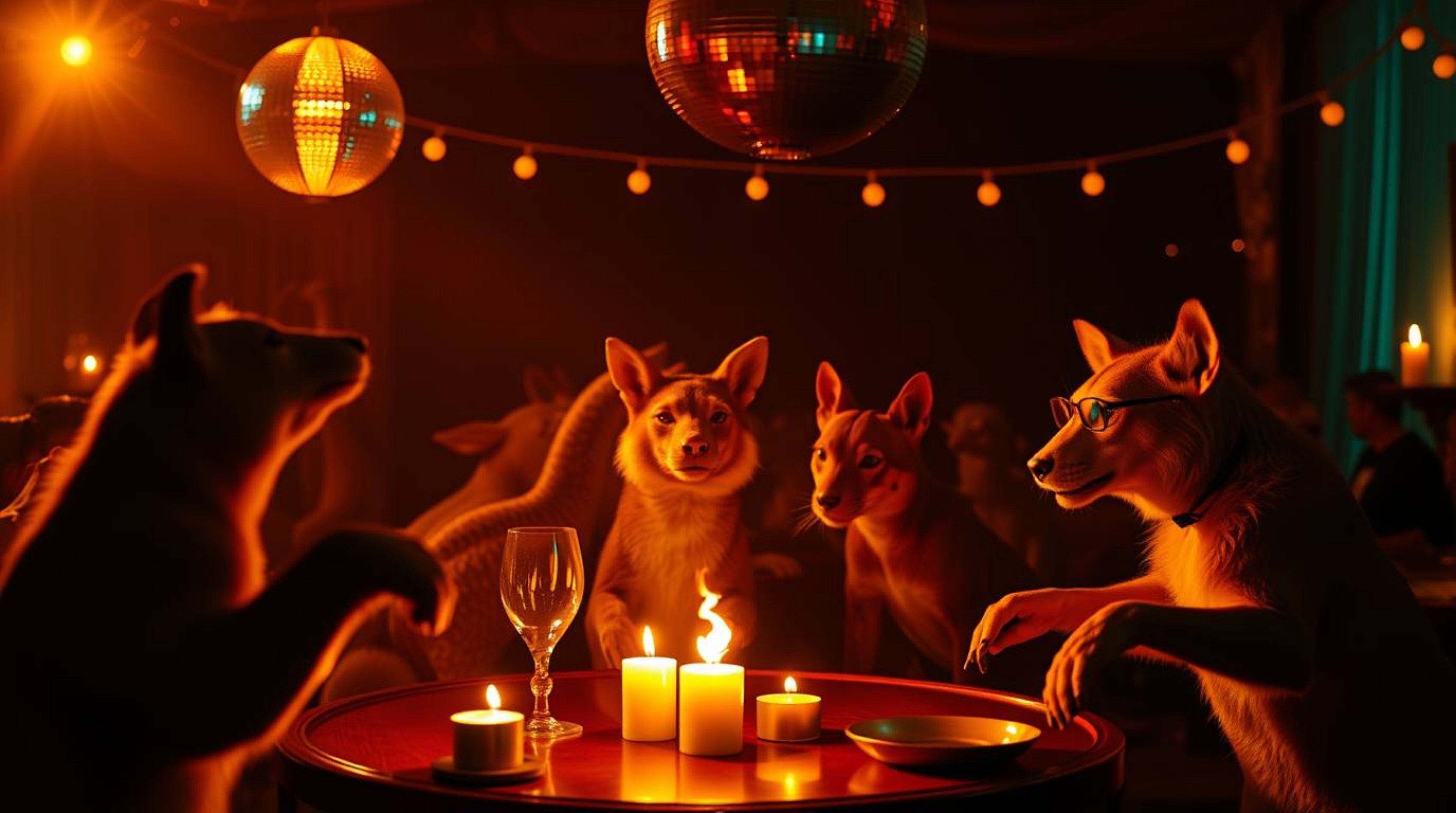 Capture the vibrant energy of an animal dance party! This captivating photograph features disco lights illuminating a lively 