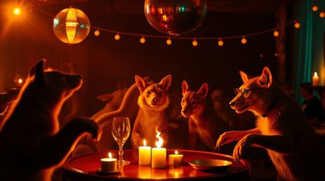 Capture the vibrant energy of an animal dance party! This captivating photograph features disco lights illuminating a lively 