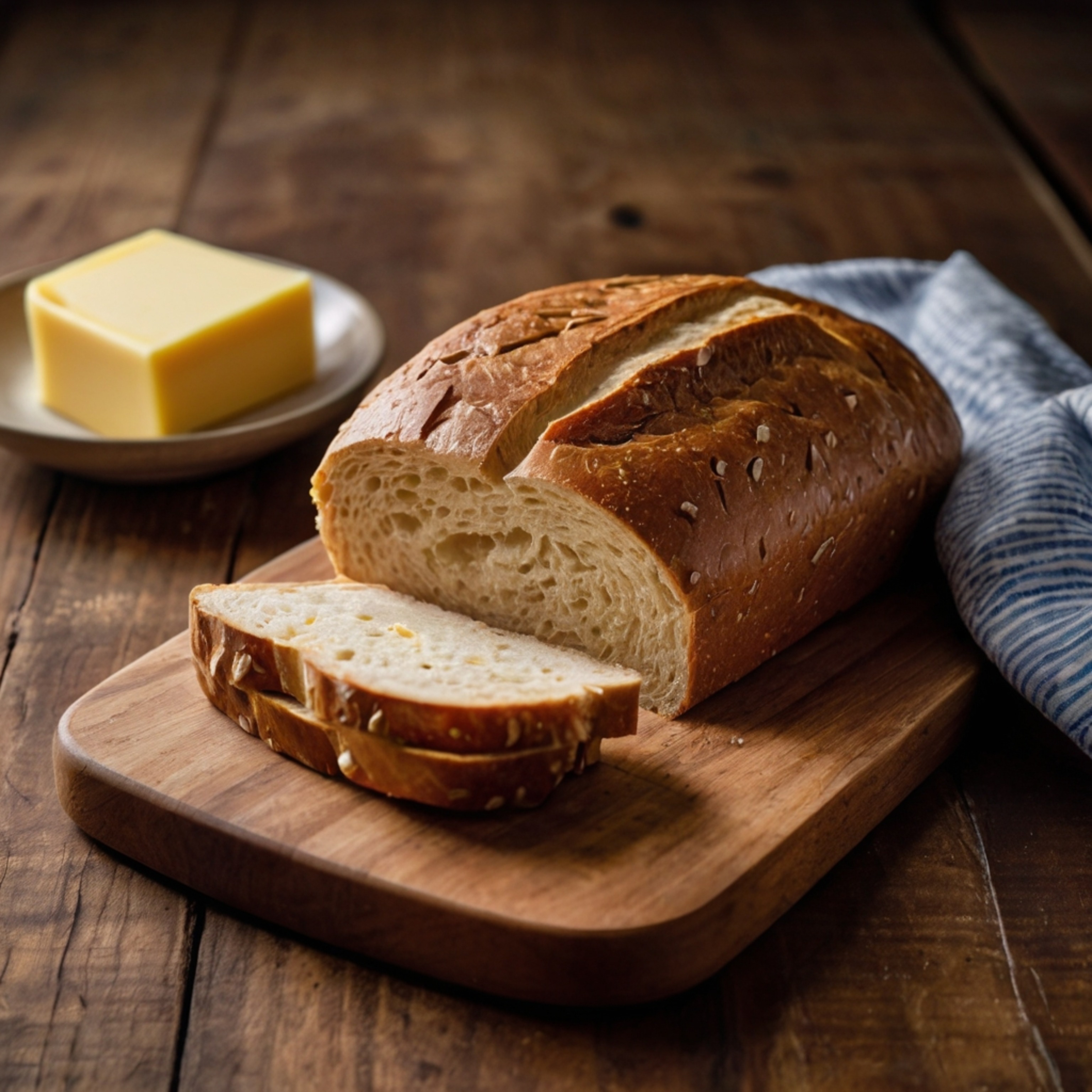 A freshly baked loaf of bread, perfectly sliced and arranged on a rustic wooden cutting board, is presented alongside a pat o
