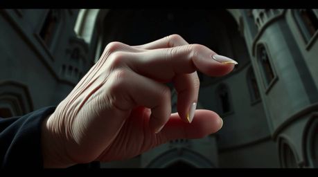 An extreme close-up showcases the detailed, wrinkled hand of a classic Disney villain casting a spell within the confines of