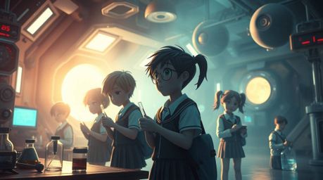 Immerse yourself in a futuristic sci-fi world where a group of quirky children in school uniforms conduct experiments amidst 