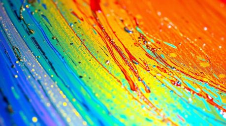 A captivating close-up reveals a bold acrylic painting bursting with vibrant colors on an iridescent gradient textured metall
