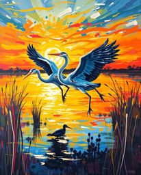 A dynamic, bold acrylic painting captures a golden hour wetlands scene with palpable energy. Featuring vibrant colors and tex