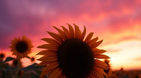 Experience the breathtaking beauty of a sunflower field bathed in the dramatic hues of a deep red and purple sunset. This ext