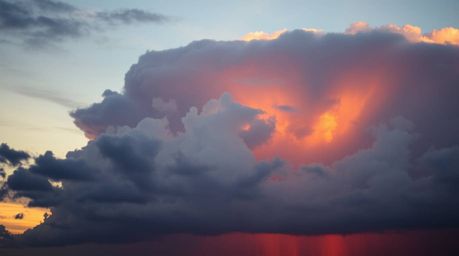 A breathtaking cinematic photograph captures the dramatic beauty of thunderstorm clouds ignited by the warm hues of a setting