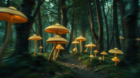 Explore a dynamically rendered image of a vintage-style enchanted forest, bathed in a soft cinematic haze and illuminated by
