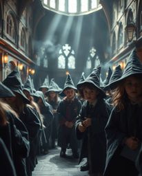 A captivating close-up reveals a magical school brimming with young wizards.  The scene is bathed in gentle, soft light, crea