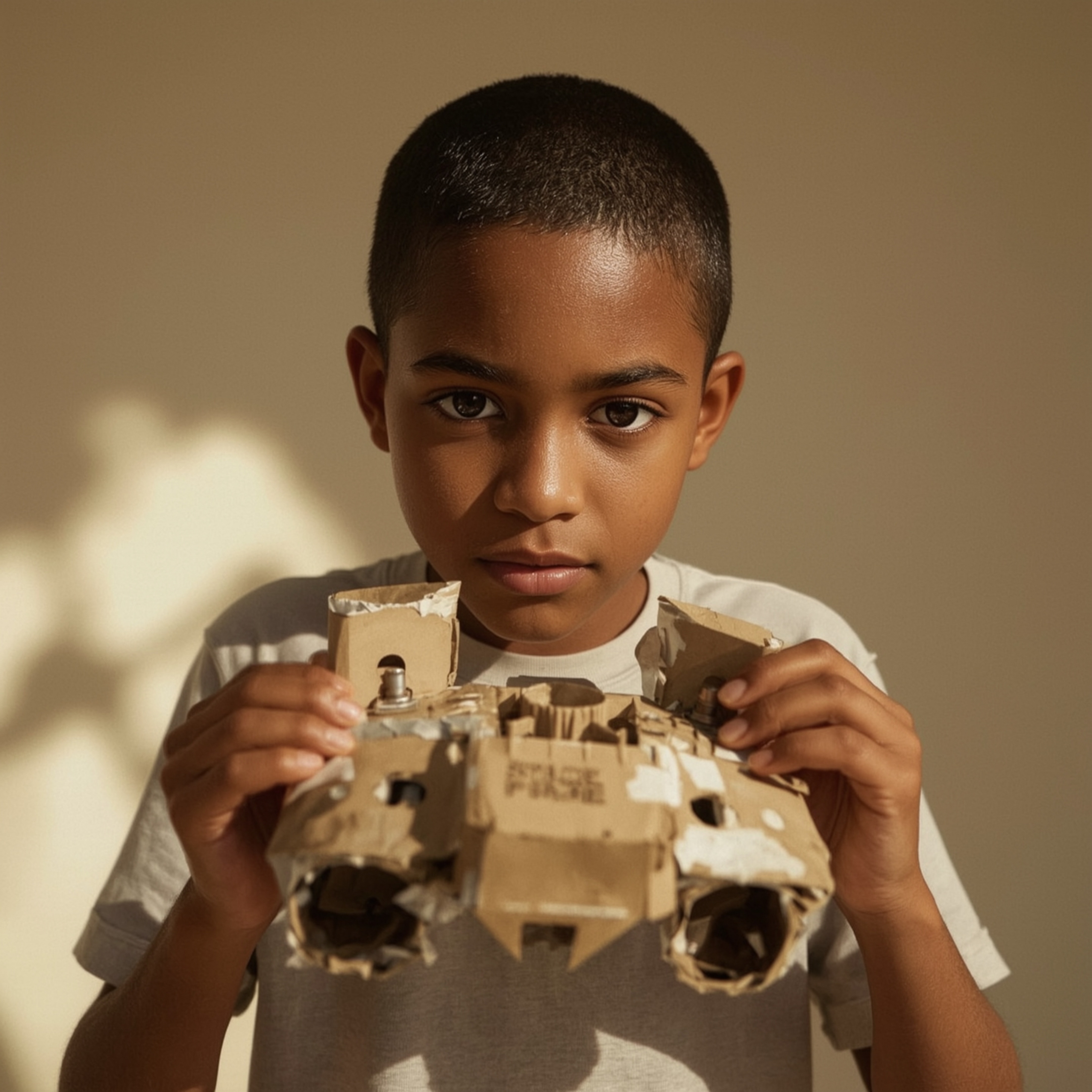 Exquisite high-fashion photography captures a bright-eyed boy building a remarkably lifelike cardboard spaceship in a vibrant