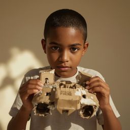 Exquisite high-fashion photography captures a bright-eyed boy building a remarkably lifelike cardboard spaceship in a vibrant