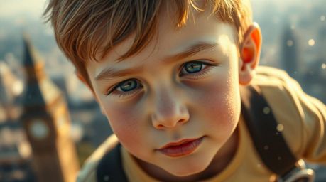 An extreme macro close-up captures a young boy with refined features soaring above London, propelled by pixie dust.  The imag