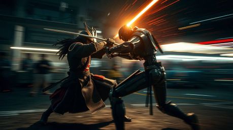 A captivating long exposure photograph depicts a fierce battle between a samurai and a robot in a gritty dystopian world. Ha