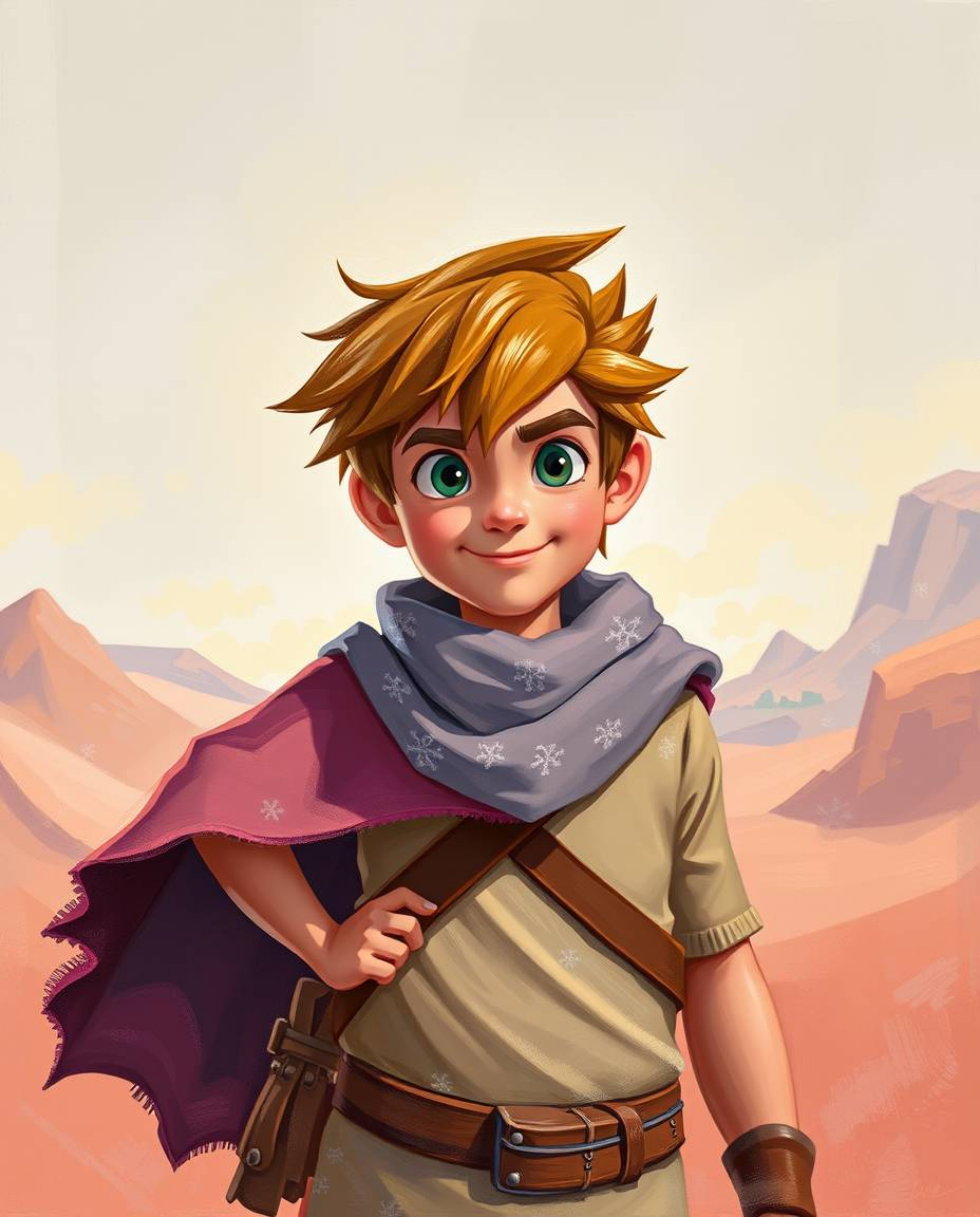A captivating acrylic painting depicts a brave hero embarking on a Disney-style desert adventure.  Rendered in soft, soothing