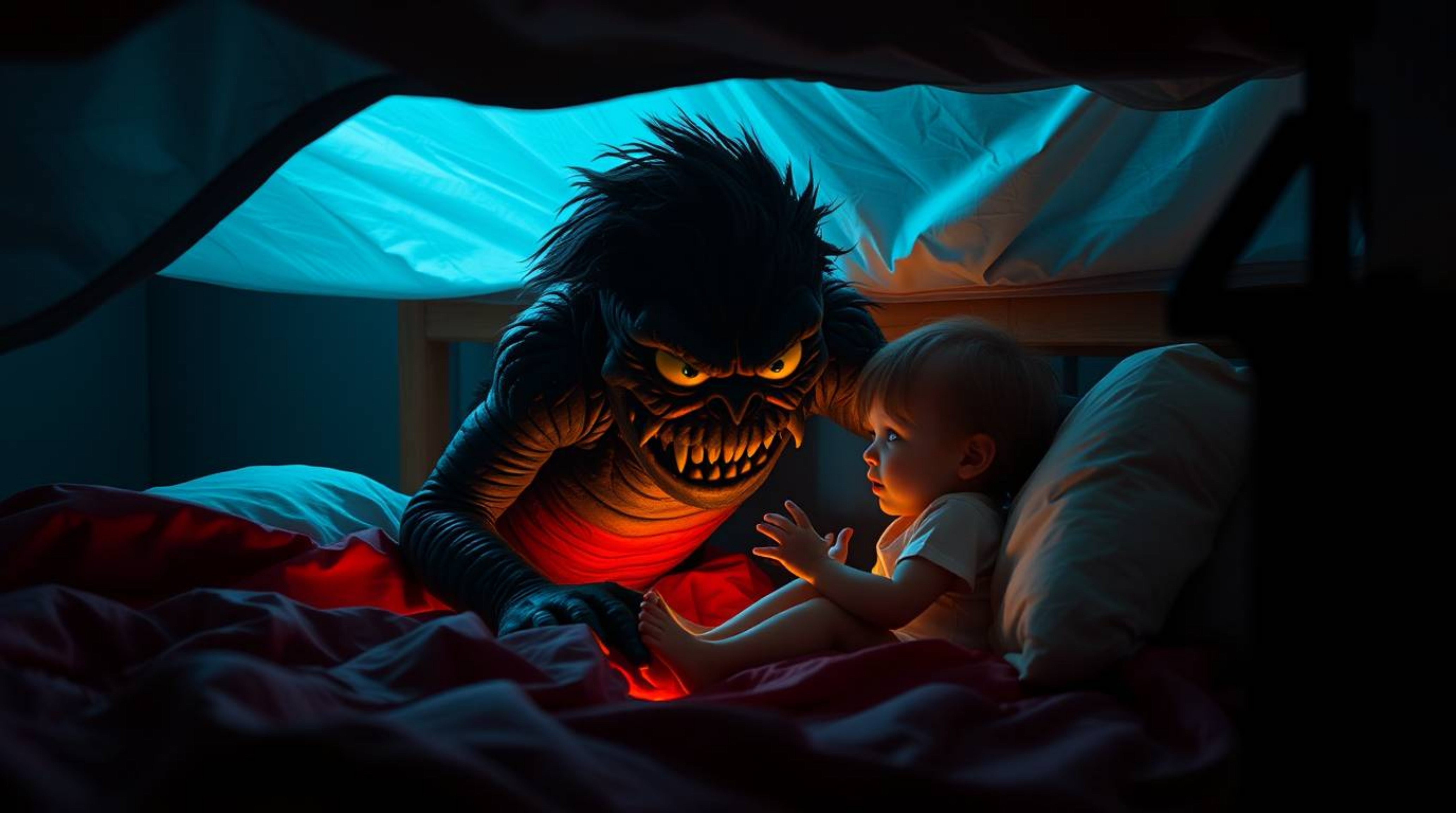 This image showcases a heartwarming scene of a monster under the bed befriending a child, utilizing high-contrast and low-key