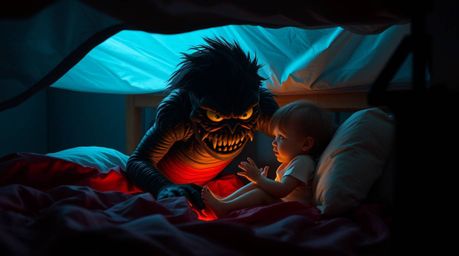 This image showcases a heartwarming scene of a monster under the bed befriending a child, utilizing high-contrast and low-key