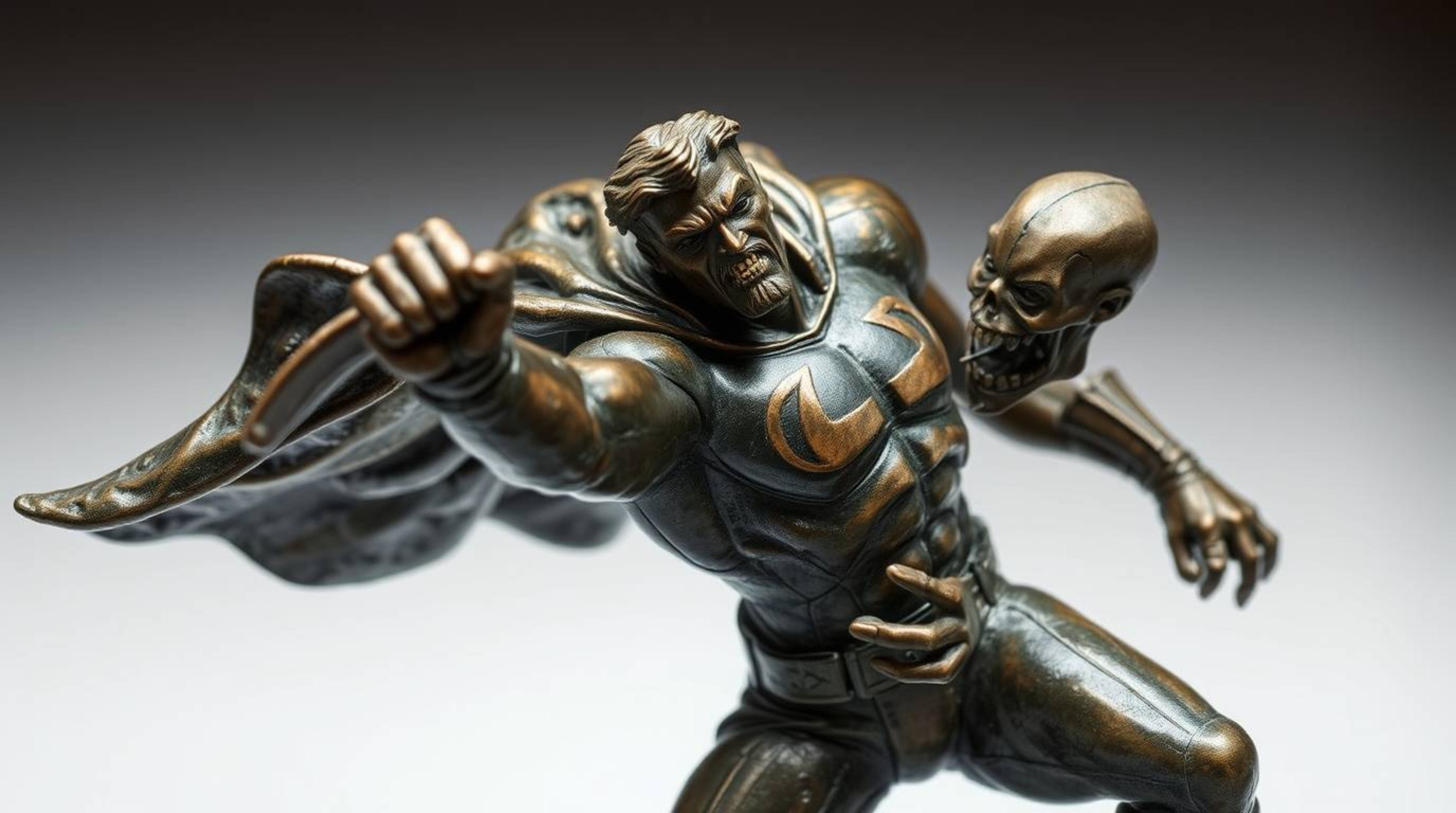 A captivating bronze sculpture depicting a dynamic battle between a cape-clad superhero and a comical villain. The antique pa
