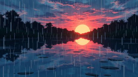 A captivating Isekai anime-style illustration depicts a serene pond reflecting a vibrant sunset.  Gentle rain drizzles, enhan