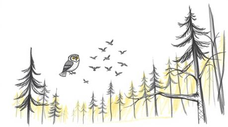 A charming hand-drawn sketch in the style of Pixar depicts a wise-looking blind owl guiding a flock of small birds in flight.