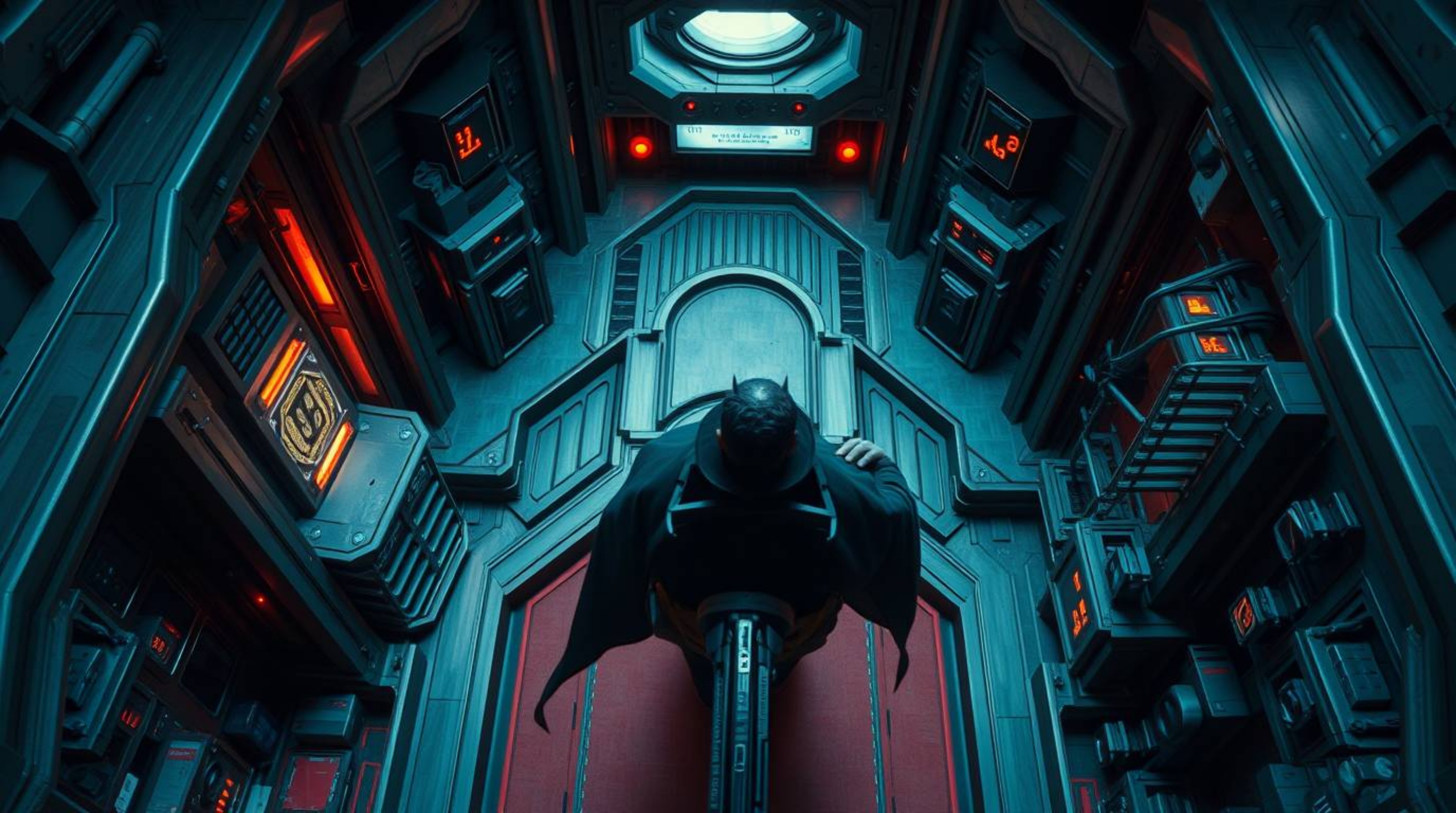 Explore striking architectural color photographs featuring a villain in a high-tech lair, captured from a precise bird's-eye 