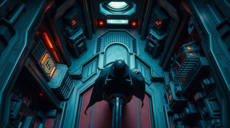 Explore striking architectural color photographs featuring a villain in a high-tech lair, captured from a precise bird's-eye 