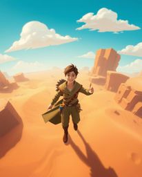 Embark on a thrilling desert adventure with a brave Disney-style hero, captured from a unique high-angle overhead perspective