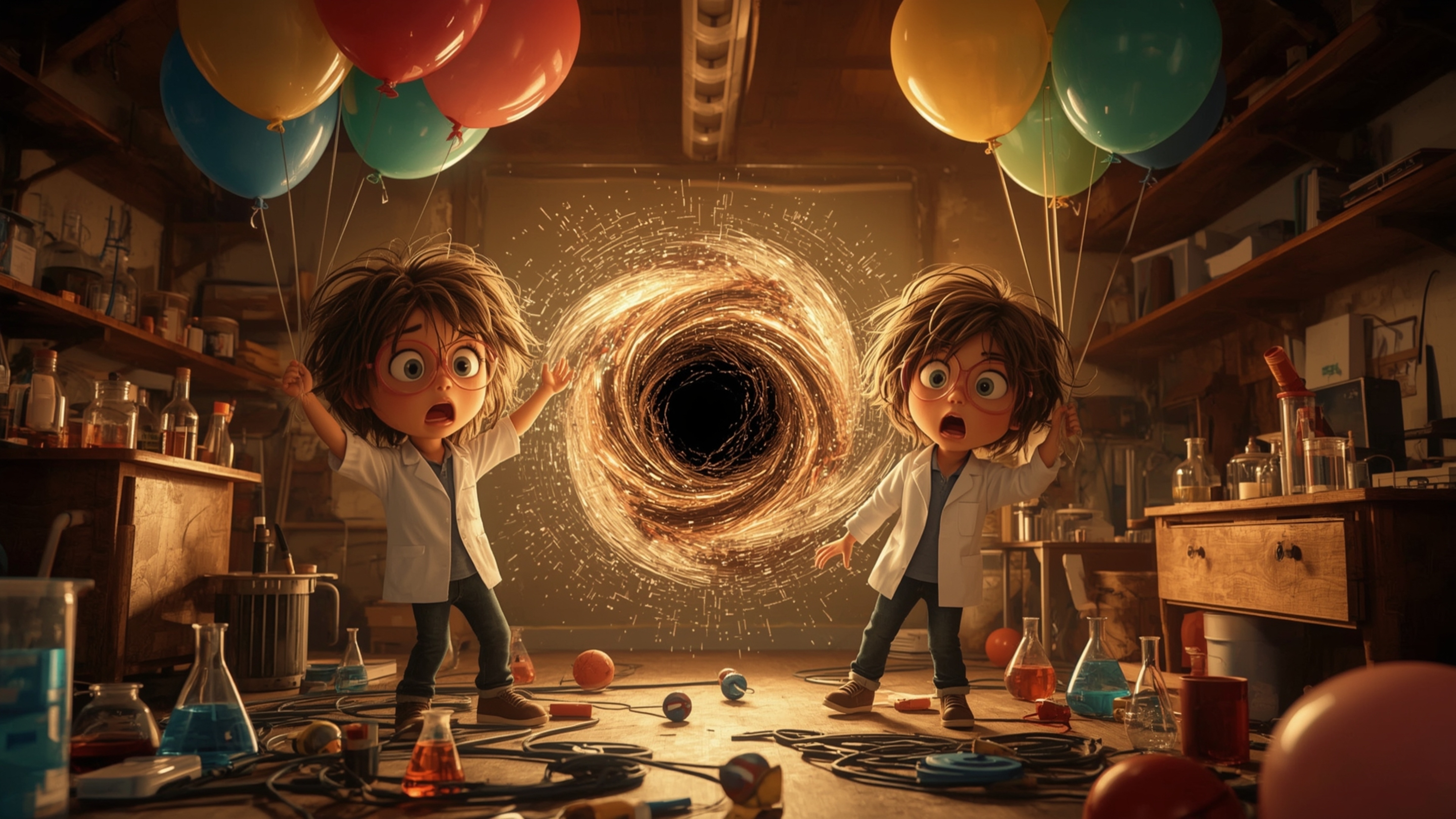A vibrant, cinematic photograph reminiscent of Pixar's whimsical style captures a startled science fair duo in a cluttered, m