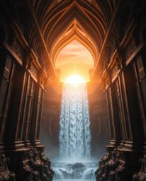 An ethereal, spiritual architectural photograph captures a sunset behind a dramatic waterfall. The image is characterized by 