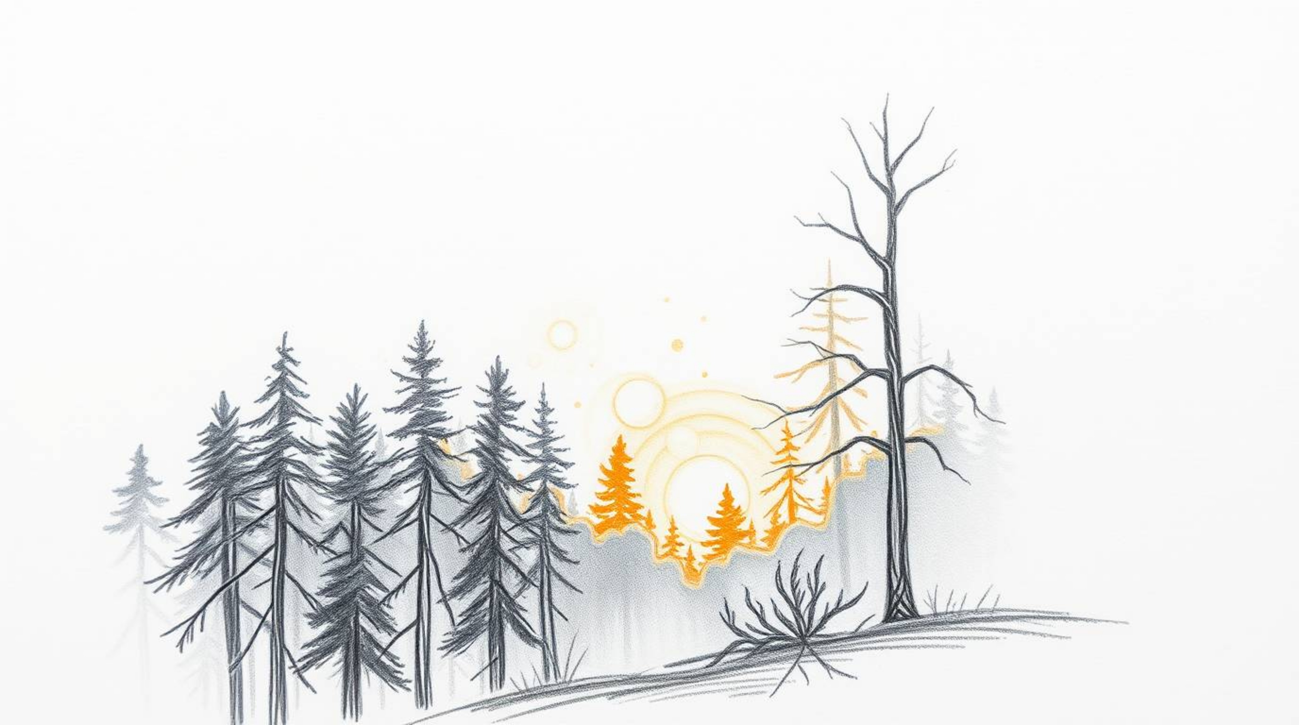 Explore a captivating extreme macro close-up hand-drawn sketch depicting mist rising from a forest during the magical golden 