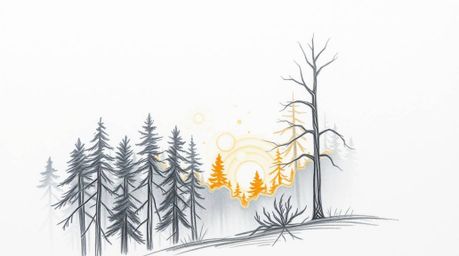 Explore a captivating extreme macro close-up hand-drawn sketch depicting mist rising from a forest during the magical golden 