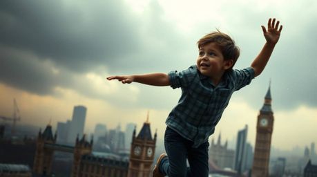 A young boy soars above London, propelled by magical pixie dust, amidst a captivating contrast of intense stormy skies and a 