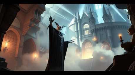 Imagine a classic Disney villain unleashing a powerful spell within the crumbling walls of an ancient castle. This futuristi