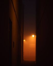A soft, dreamy photograph captures eyes peering from the darkness of an alley at night. Featuring a warm color palette, subtl