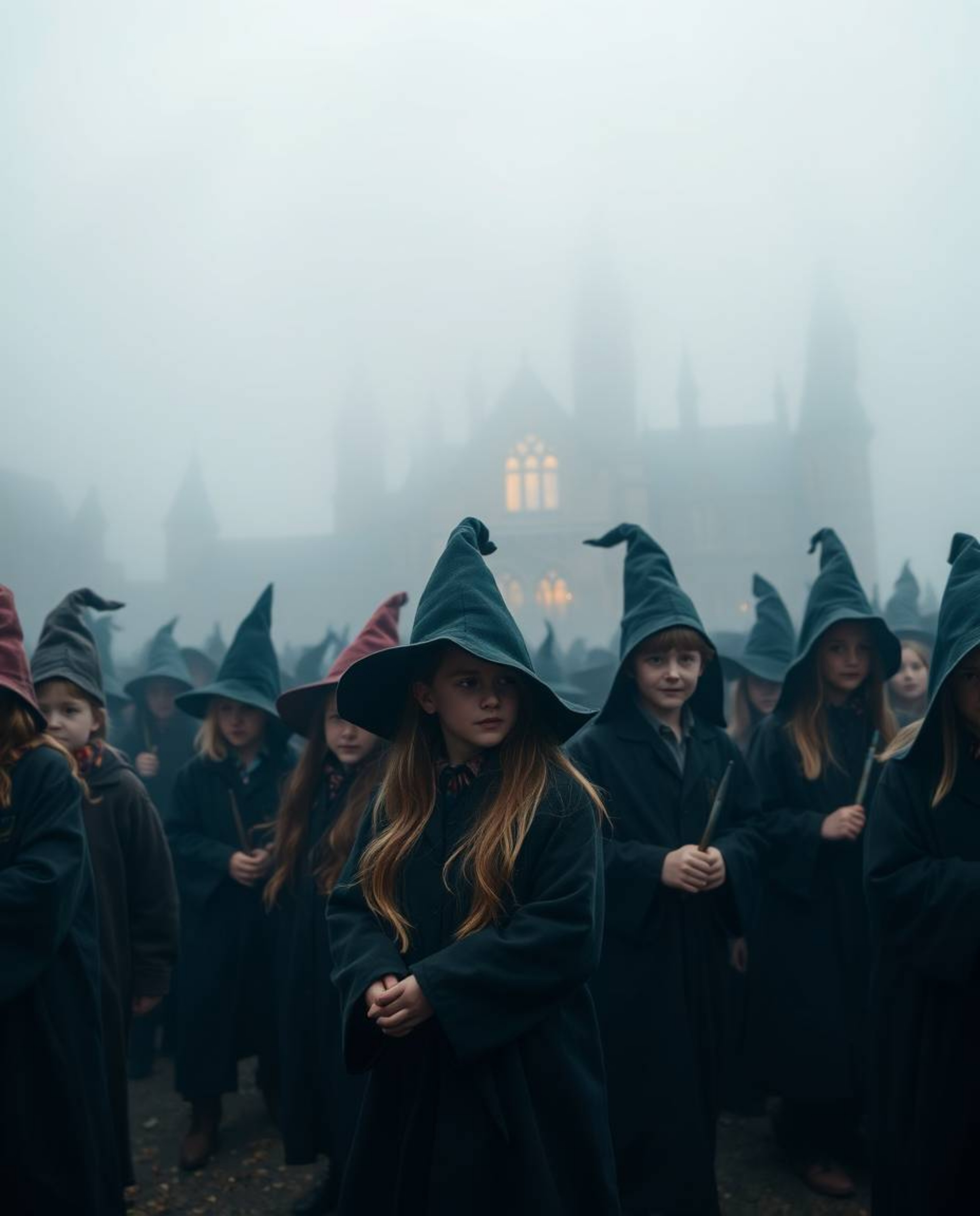 A magical school brimming with young wizards is captured in this image, set against a backdrop of softly blurred, dense fog.