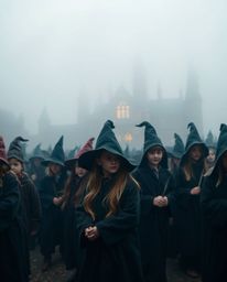 A magical school brimming with young wizards is captured in this image, set against a backdrop of softly blurred, dense fog.