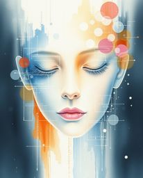 A delicate watercolor painting capturing the essence of a digital glitch transforming a human face into a flowing data stream