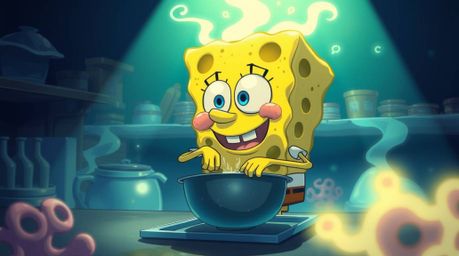 Experience a captivating Isekai anime-style depiction of a sponge character masterfully cooking in an enchanting underwater k