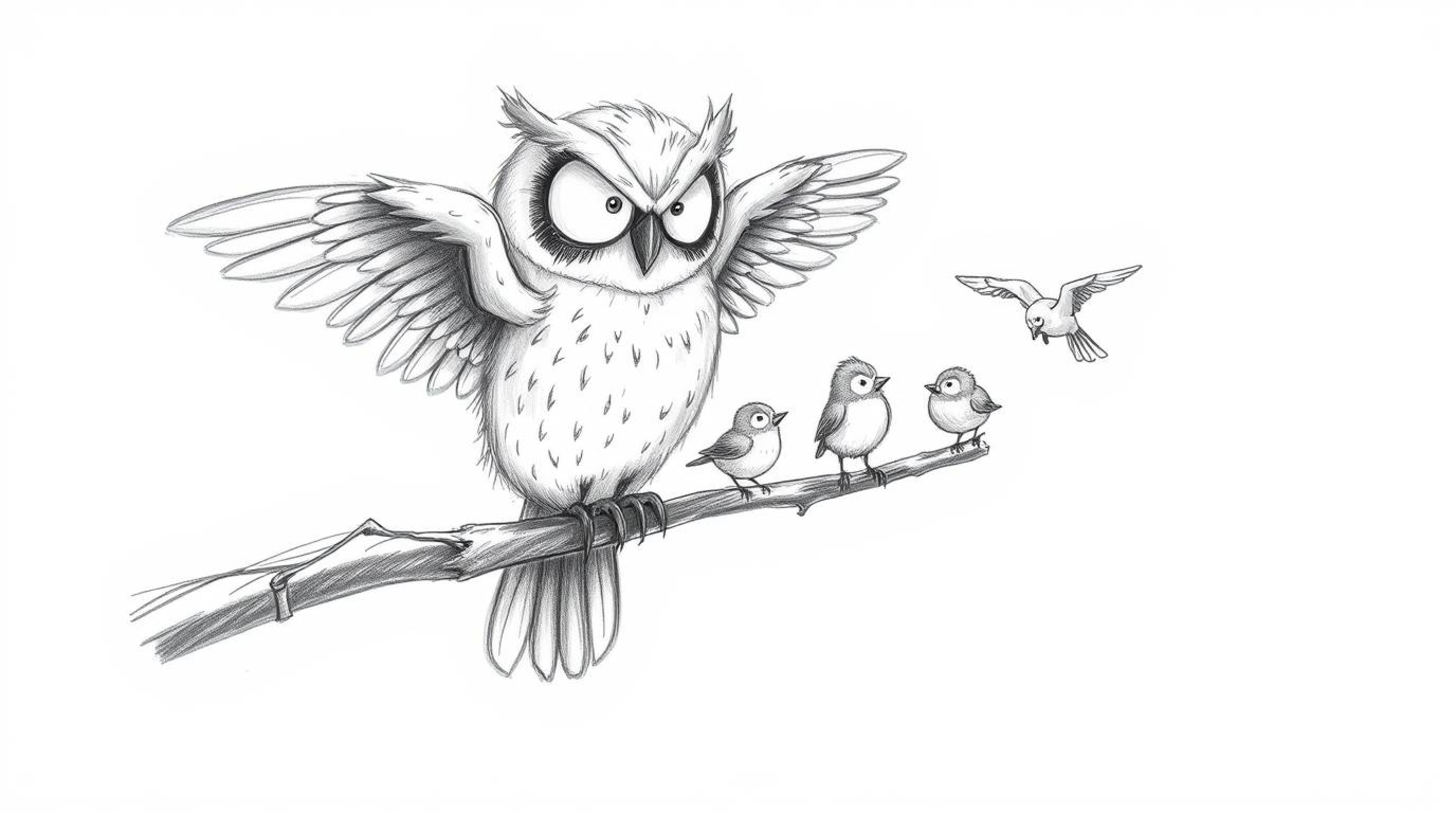 A heartwarming hand-drawn sketch, inspired by Pixar's animation style, portrays a blind owl with delicate, feathery details, 