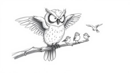 A heartwarming hand-drawn sketch, inspired by Pixar's animation style, portrays a blind owl with delicate, feathery details, 