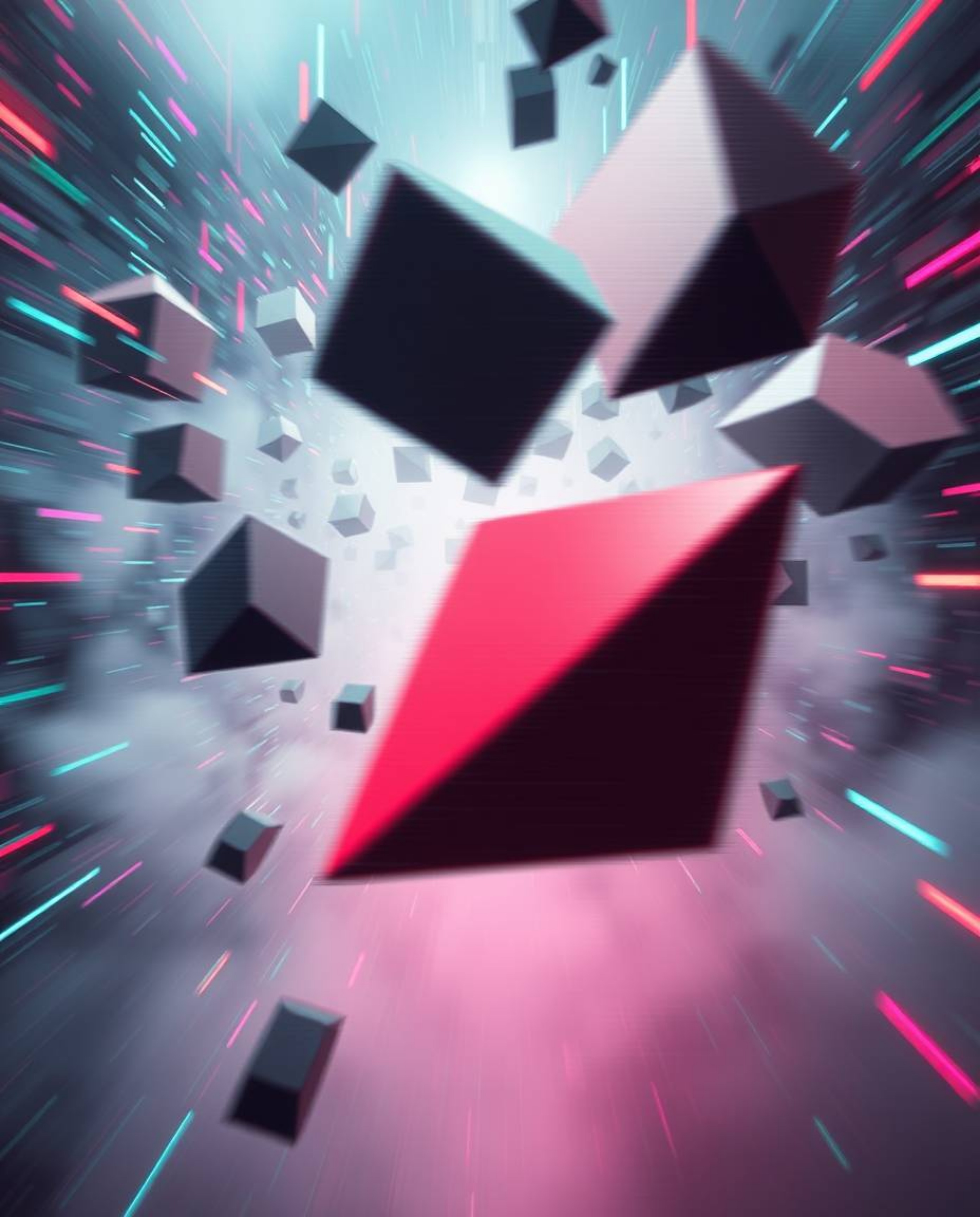 A dynamic and action-filled visual representing glitched geometric shapes seamlessly moving through a dense, foggy cyberspace