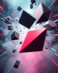 A dynamic and action-filled visual representing glitched geometric shapes seamlessly moving through a dense, foggy cyberspace