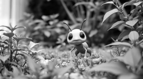 Discover a charming bug-sized hero embarking on an exciting adventure through a lush backyard jungle.  This classic black and