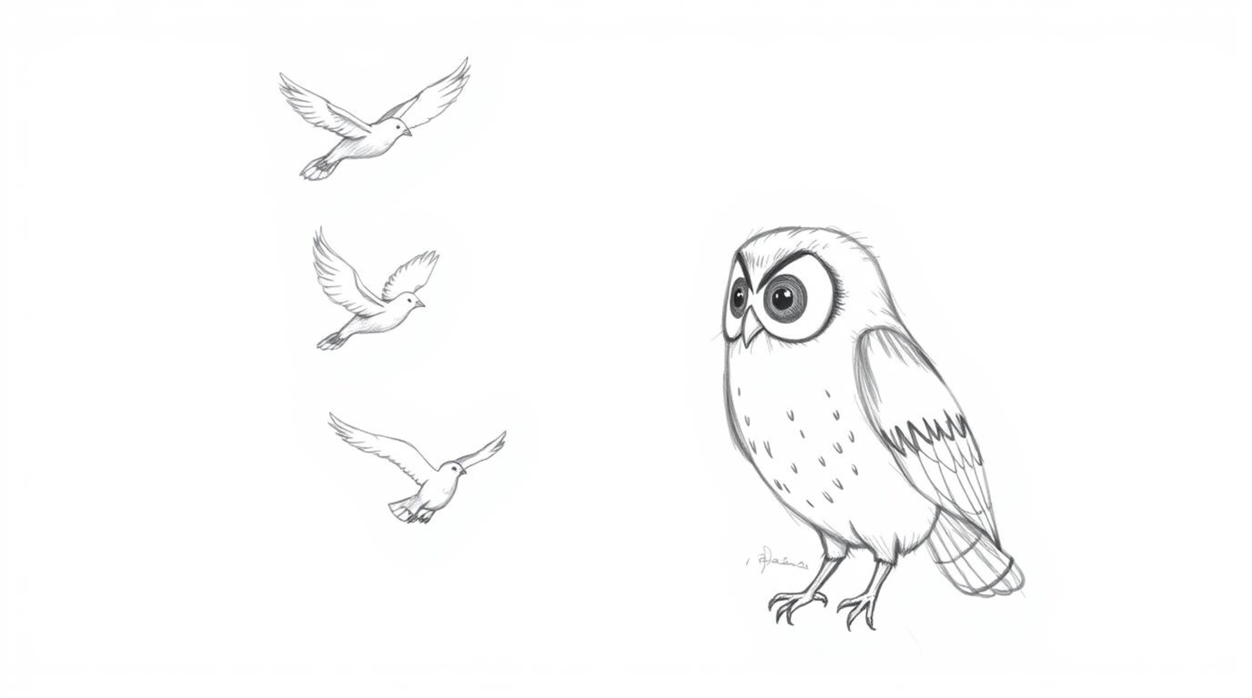 A whimsical hand-drawn sketch in Pixar style depicts a blind owl teaching birds to fly using smell and sound.  Against a whit