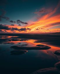 A dramatic chiaroscuro image captures a vivid sunset sky as it is mirrored in the tidal pools on a beach. This artistic style