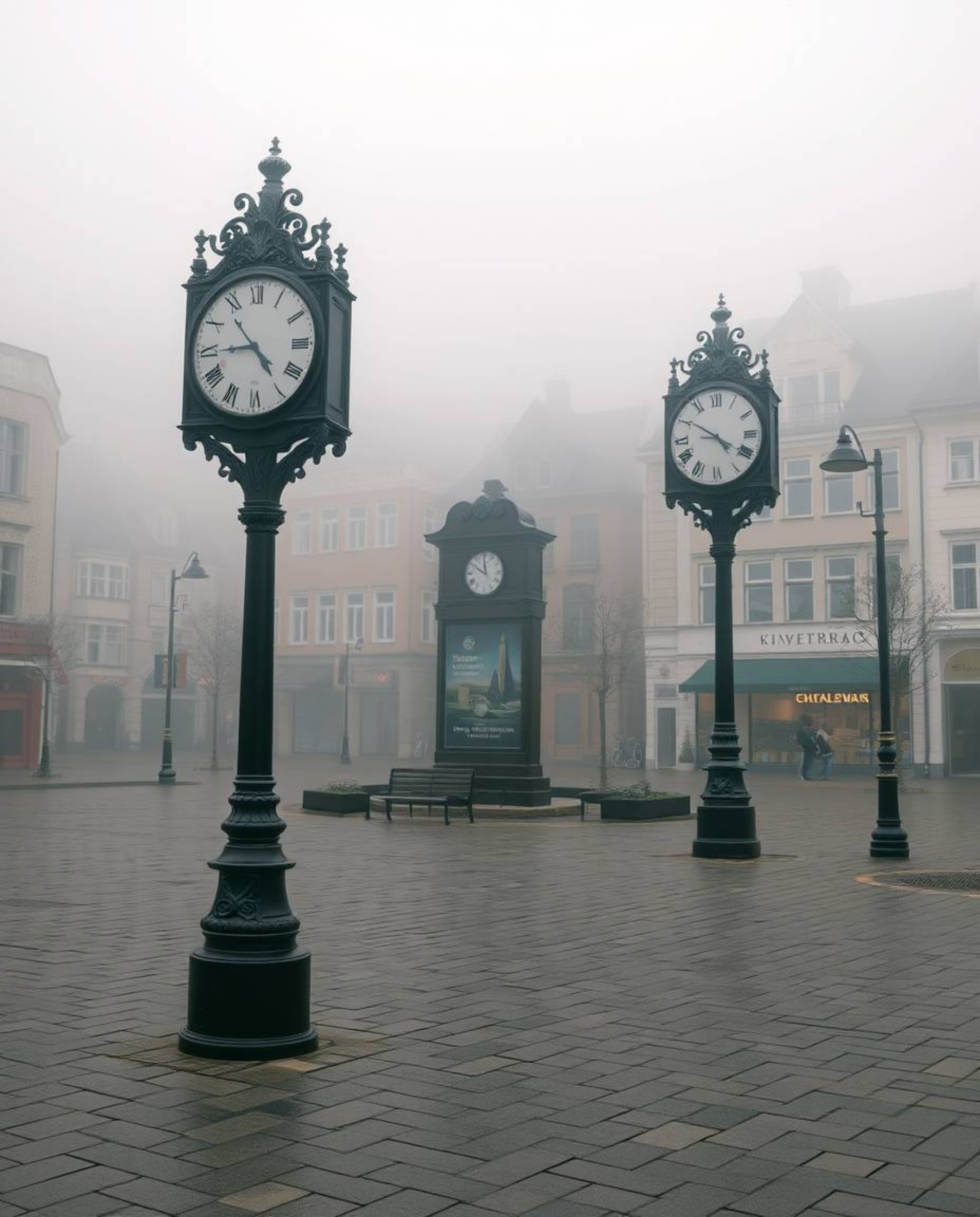 A captivating high-resolution stock photo depicts an empty town square shrouded in thick fog.  The focus is on intricately de