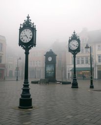 A captivating high-resolution stock photo depicts an empty town square shrouded in thick fog.  The focus is on intricately de